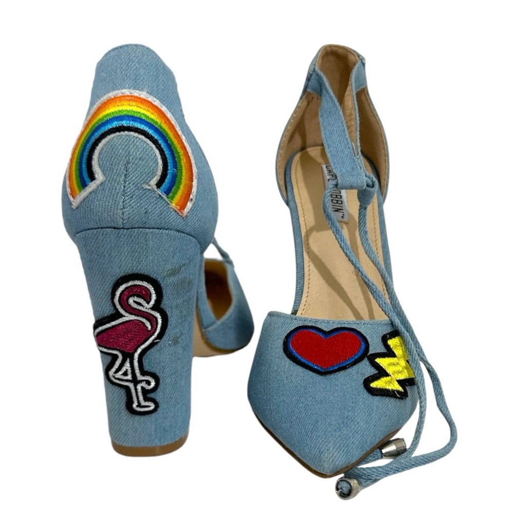 Cape Robbin Denim Beautiful Embroidered Rainbow Block Heel Sandals 7.5 Kitschy